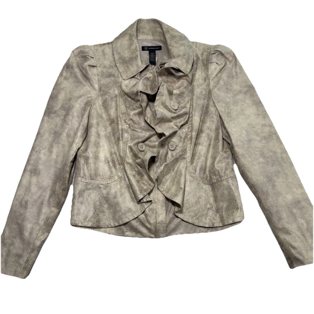 INC International Concepts Beige Snake Skin Pattern‎ Ruffle Blazer Jacket size L